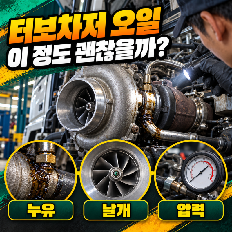 중고 화물차 터보차저 점검, 오일 자국과 축 유격을 확인하는 방법