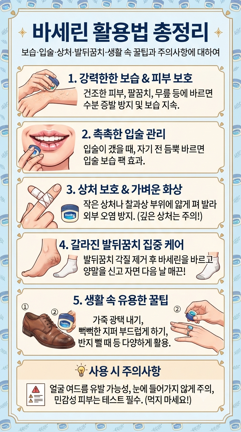 바세린 활용법 총정리｜보습·입술·상처·발뒤꿈치·생활 속 꿀팁과 주의사항