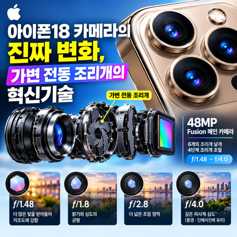 아이폰18프로,맥스 카메라 48MP, 미러러스 카메라인가?가변 전동 조리개 장착! 더 선명한 사진....
