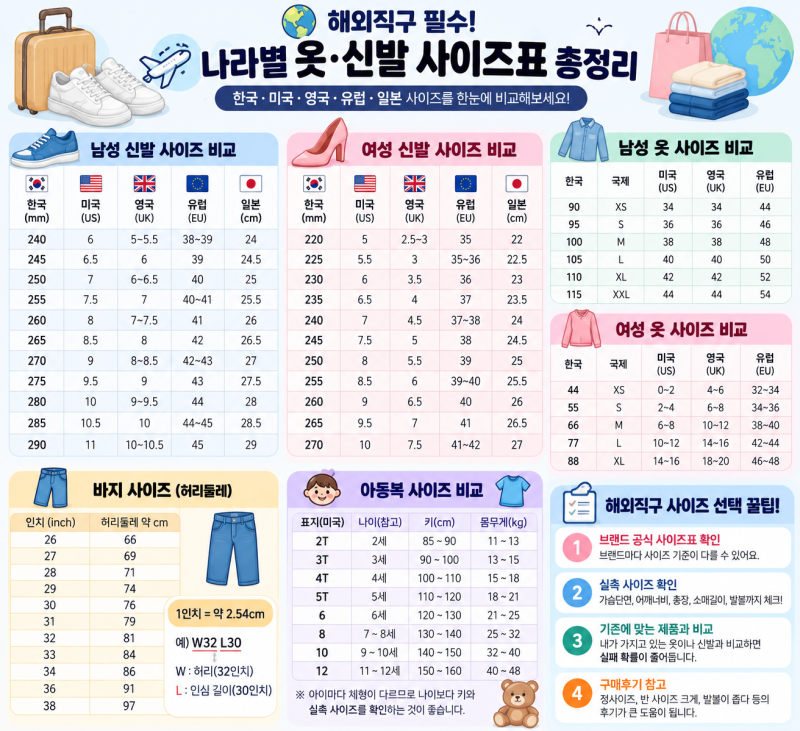해외직구 필수! 나라별 옷·신발 사이즈표 총정리｜한국·미국·유럽·영국·일본 비교
