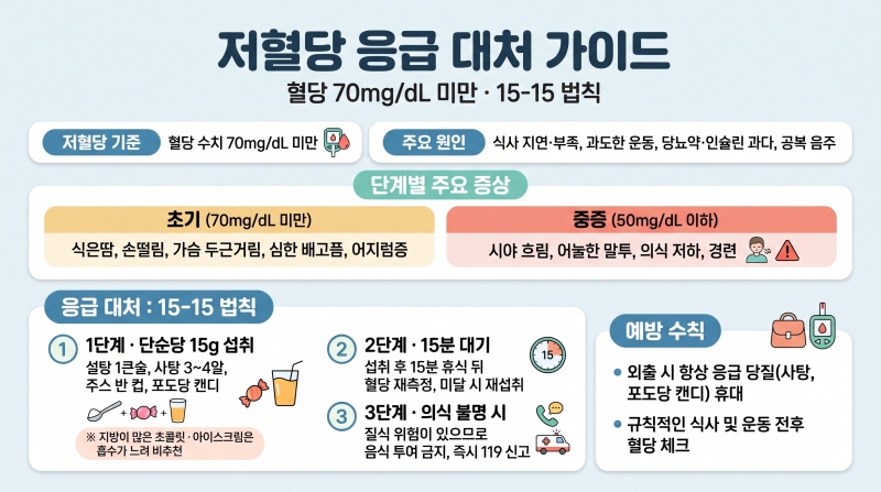 초기 저혈당 증상 놓치면 위험! 상황별 응급 대처법과 15-15 법칙 총정리