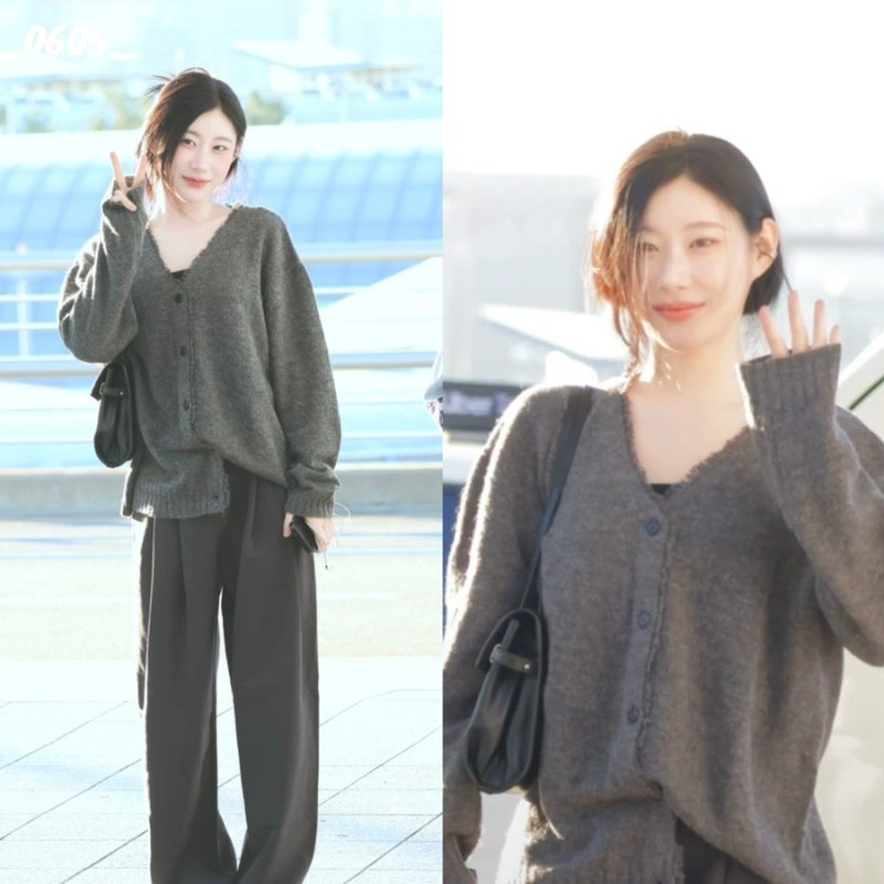 폭닥한 가디건 입고 등장한 있지 채령 공항룩(가디건, 가방, 신발)