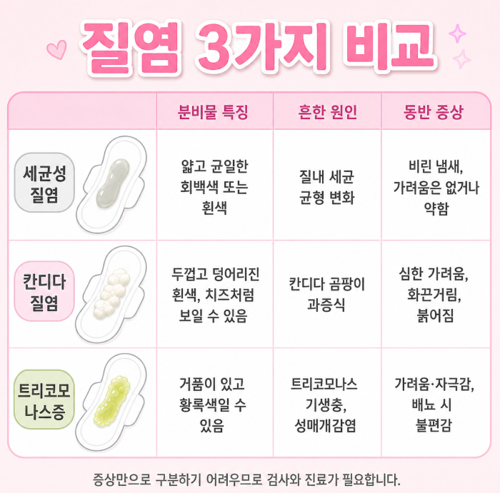 질염ㅣ증상, 냄새, 가려움, 분비물, 냉, 칸디다성, 트리코모나스 질염