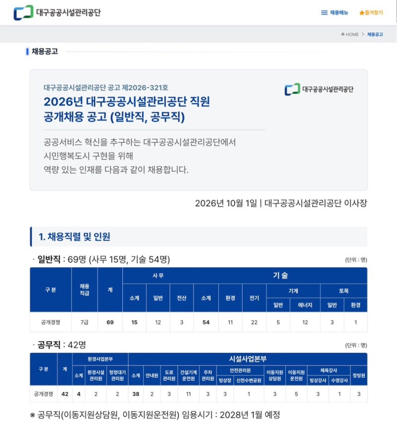 in대구 근무? 공공기관! 2026년 대구공공시설관리공단 직원 공개채용(일반직, 공무직)