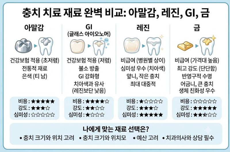 충치 치료 재료 고민 끝! 아말감·레진·GI·금, 나에게 맞는 최고의 선택은?