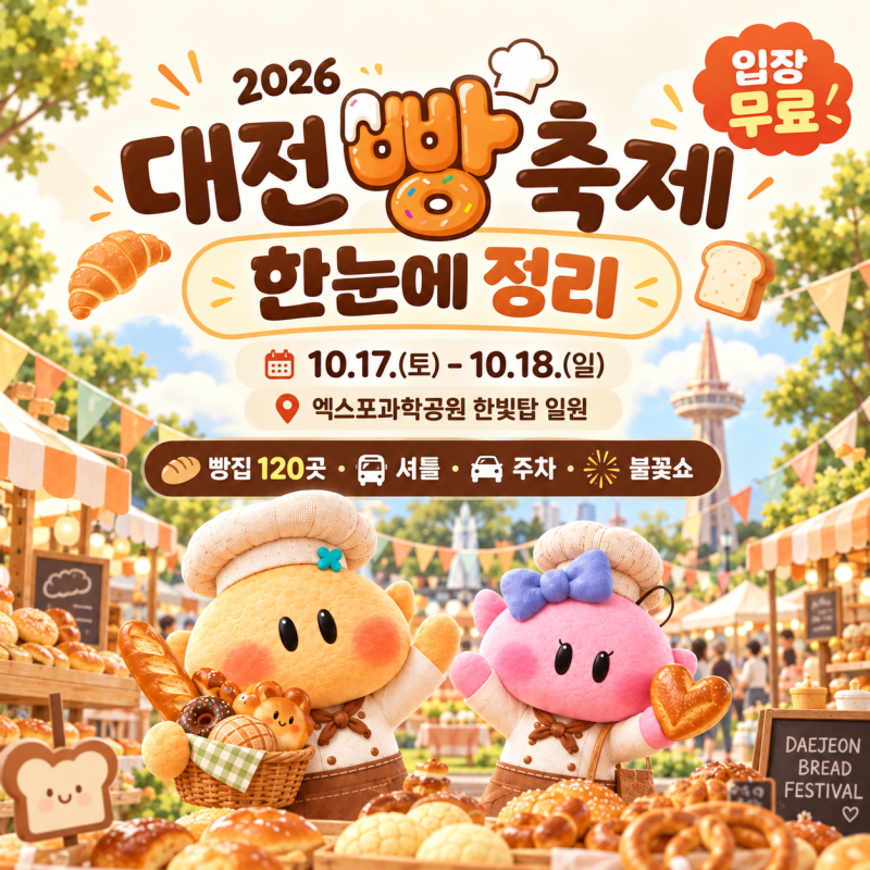 2026 대전 빵축제 10월 17일 개막, 빵집 120곳, 셔틀, 주차 한 번에 (불꽃쇼 포함)