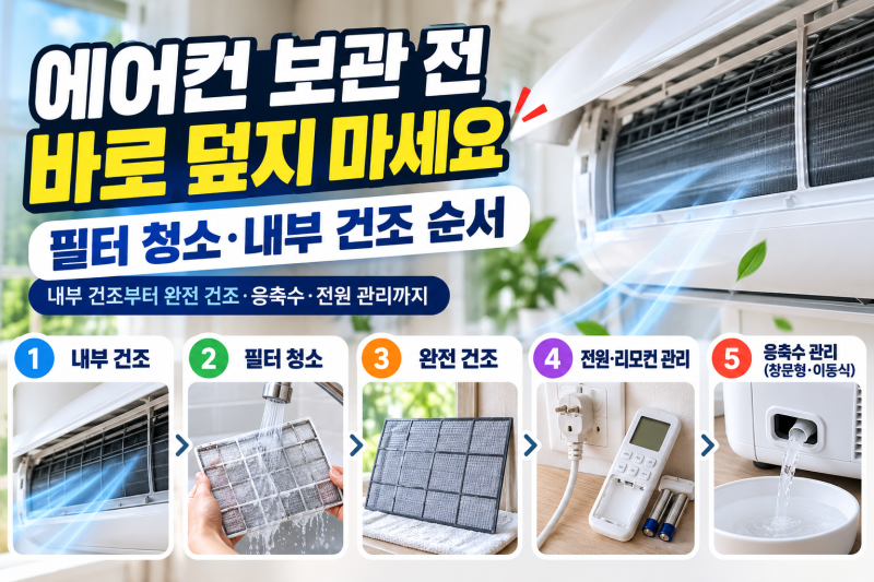 에어컨 보관 전 바로 덮지 마세요, 필터 청소·내부 건조 순서