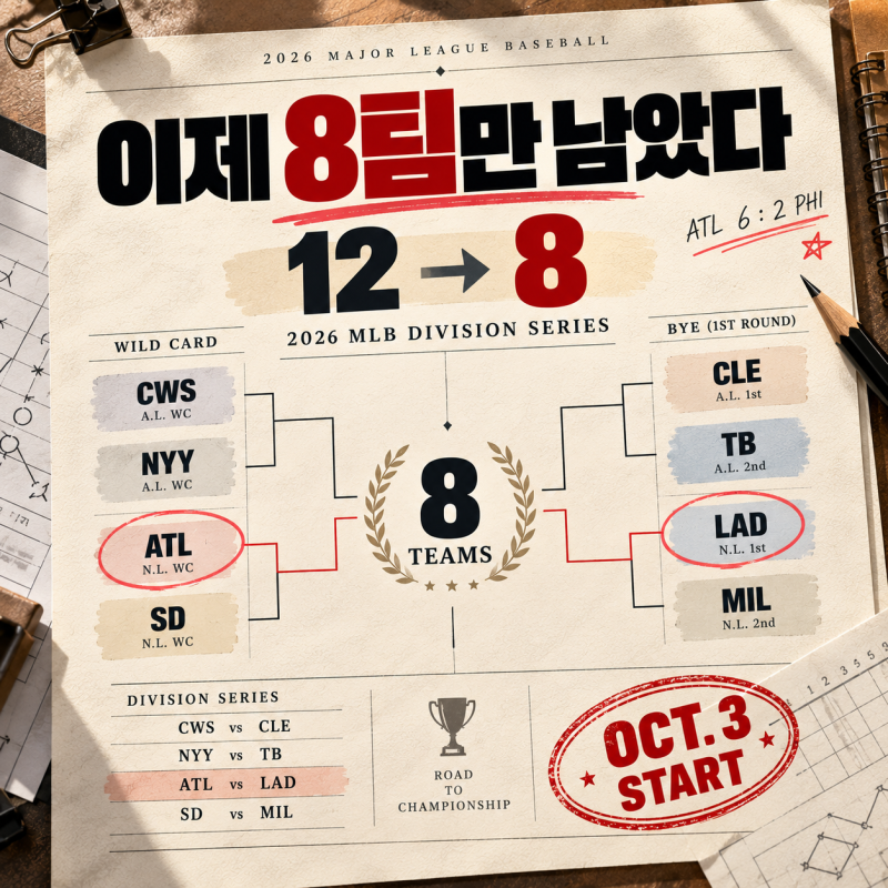 이제 8팀만 남았다｜애틀랜타 6-2 승리, 다저스와 격돌…2026 MLB 디비전시리즈 대진 완성