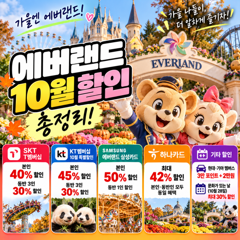 에버랜드 10월 할인 총정리! 통신사 할인 KT 45%, SKT 40%부터 제휴카드 50%까지