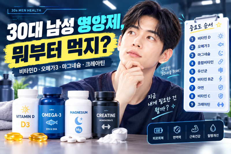 [DATA PICK]30대 남성 영양제 추천, 뭐부터 먹어야 할까? 비타민D·오메가3·마그네슘부터 크레아....