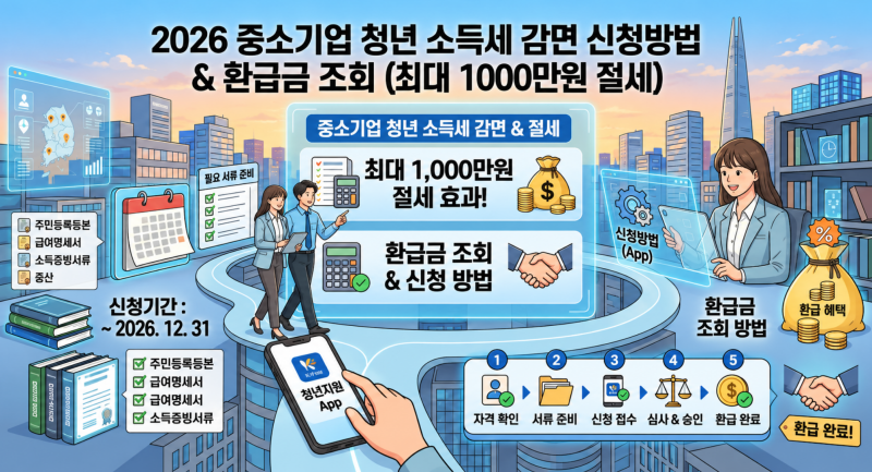 2026 중소기업 청년 소득세 감면 신청방법 & 환급금 조회 (최대 1000만원 절세)