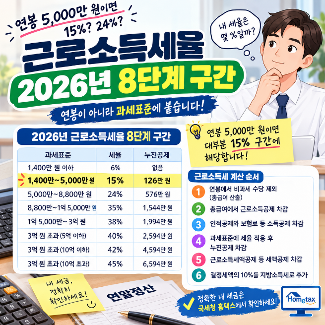 근로소득세율 6%부터 45%까지 구간별 내 세금 얼마인지 계산법 총정리