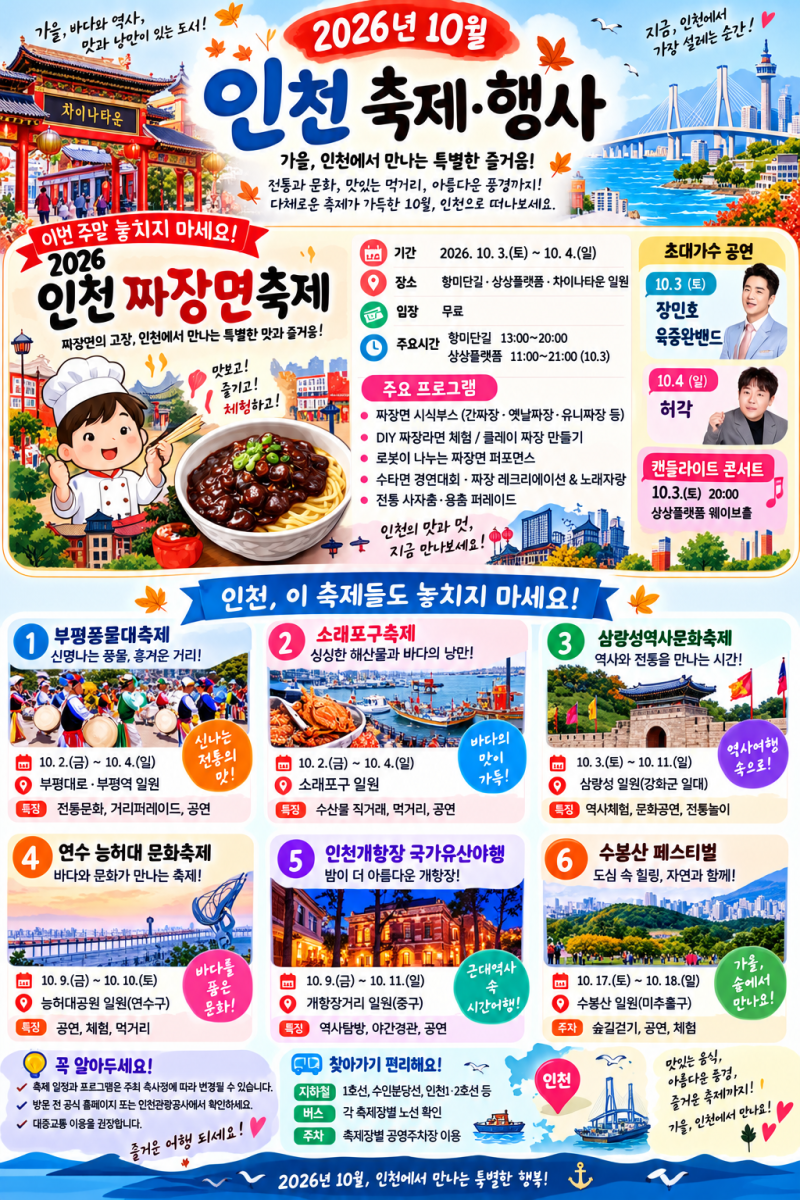 2026 10월 축제 일정 전국 가을 축제 지역별 가볼만한곳 인천 짜장면축제