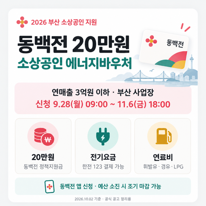 동백전 20만원 신청방법｜2026 부산 소상공인 에너지바우처 대상·사용처 총정리