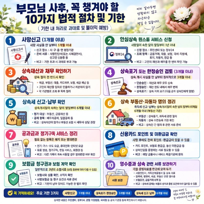 부모님 사후 꼭 챙겨야 할 절차 10가지｜사망신고부터 상속포기까지 기한별 총정리