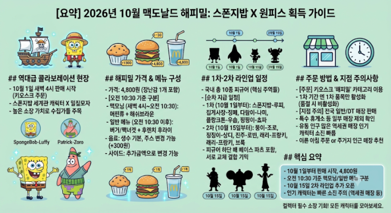 2026년 10월 맥도날드 해피밀 '스폰지밥 X 원피스' 세트 메뉴 가격과 1차·2차 실물 획득 전략