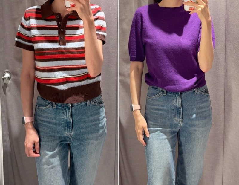 [자라 ZARA] 100%울 반소매 스웨터 (올해 구경한 퍼플 중 가장 예쁨), zara 스트라이프 폴로 셔츠