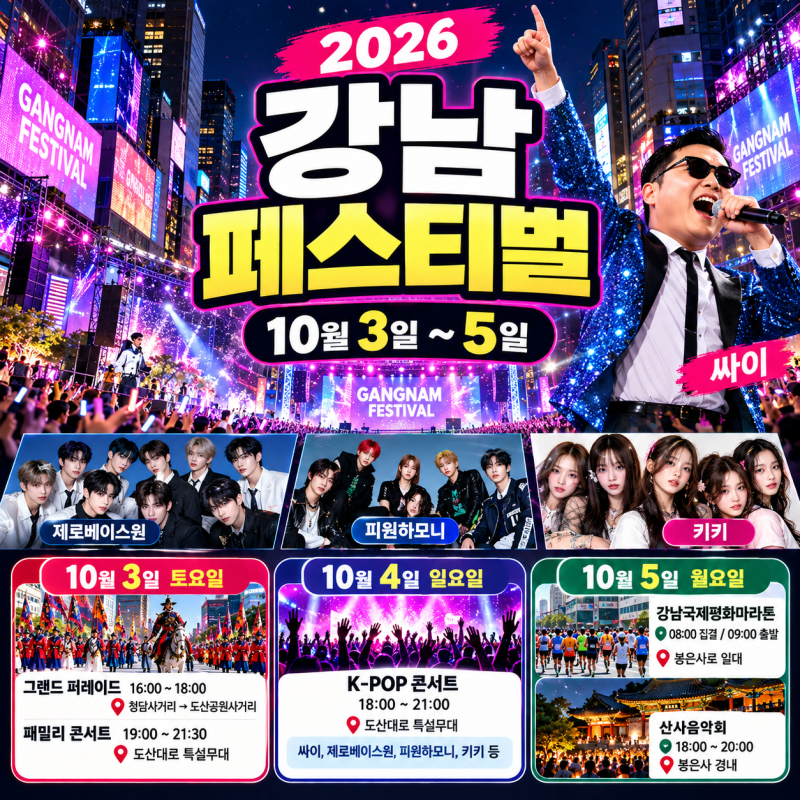 2026 강남페스티벌 일정 총정리ㅣ싸이·제로베이스원·피원하모니·키키 출연! 날짜·시간·장....