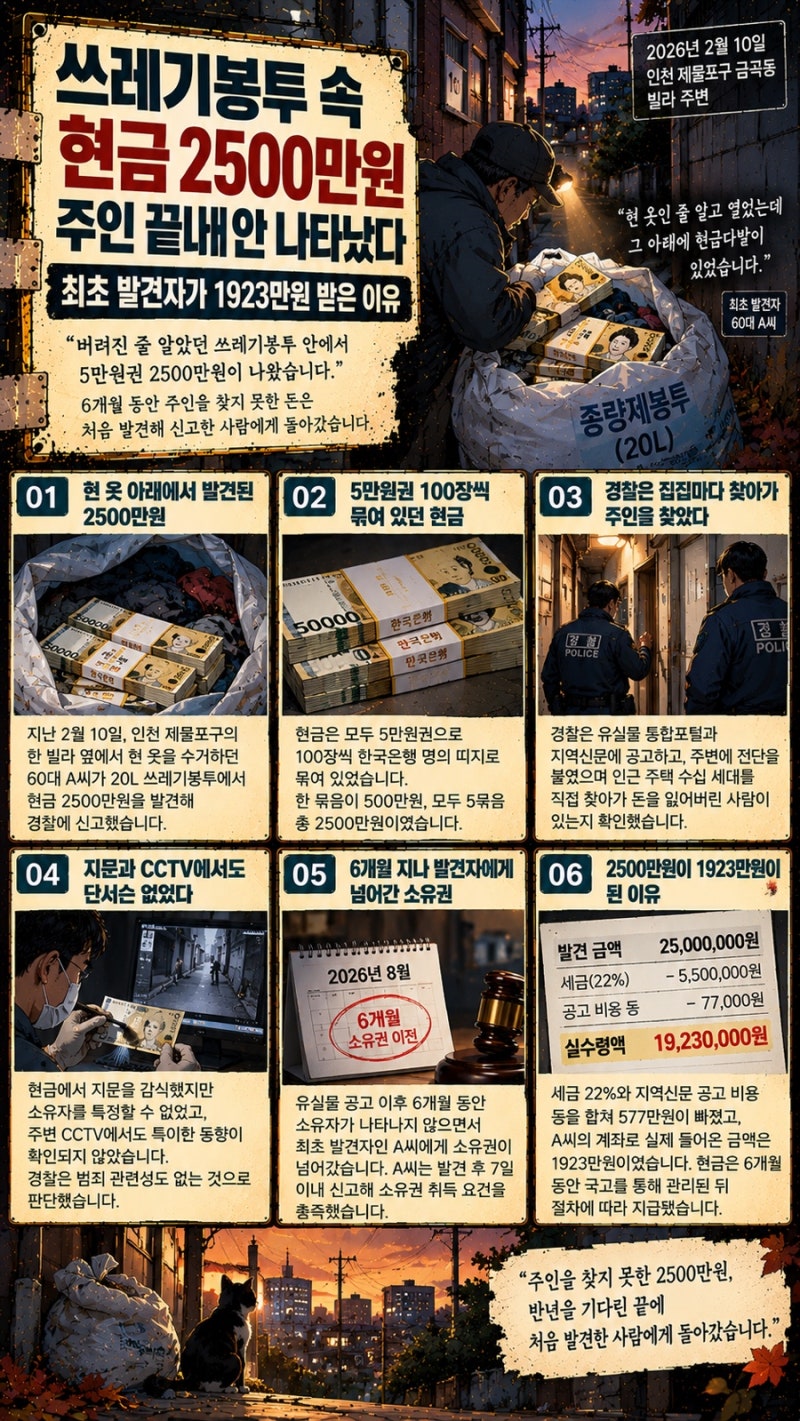 쓰레기봉투 속 현금 2500만원 주인 끝내 안 나타났다 - 최초 발견자가 1923만원 받은 이유