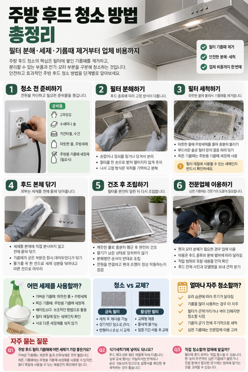 주방 후드 청소 방법 총정리｜필터 분해·세제·기름때 제거부터 업체 비용까지
