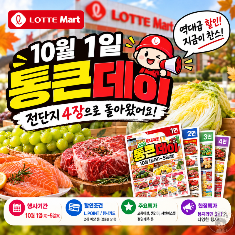 롯데마트 전단지 할인 행사 통큰데이 총정리(10월 1일 ~ 5일) - 50%반값과 날짜별 특가