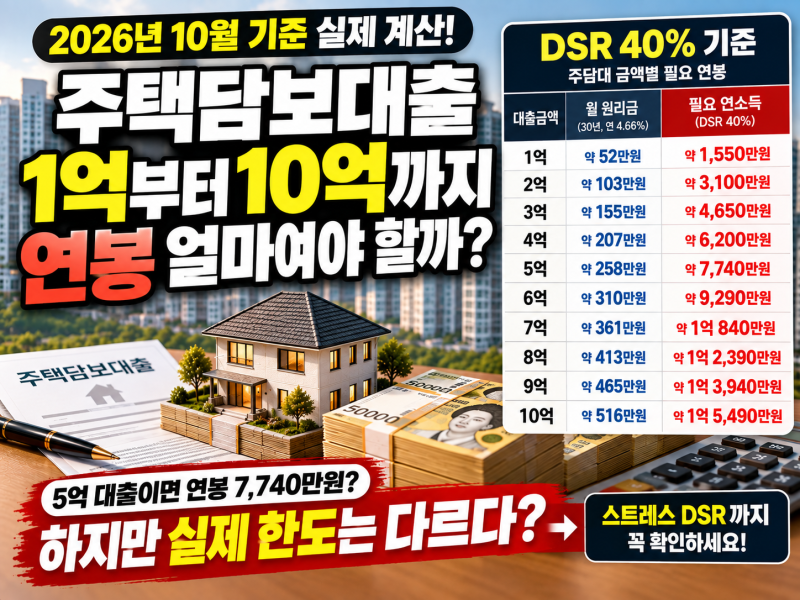 주담대 1억부터 10억까지 받으려면 연봉 얼마? DSR 40% 실제 계산