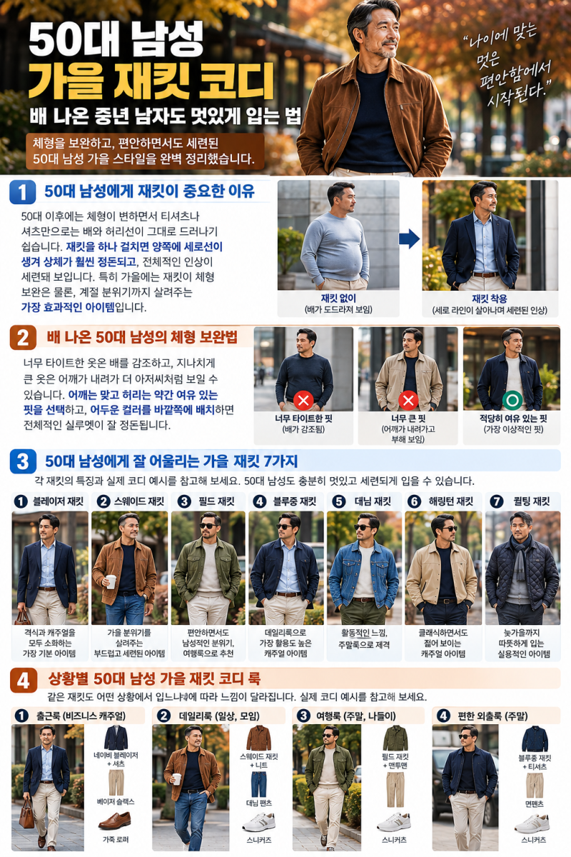[패션] 50대 남성 - 가을 재킷 코디｜배 나온 중년 남자도 멋있게 입는 법