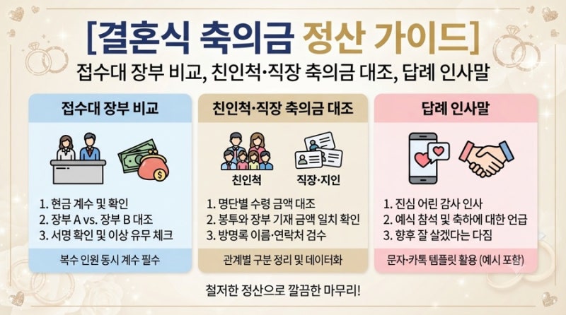 [결혼식 축의금 정산 가이드] 접수대 장부 비교, 친인척•직장 축의금 대조, 답례 인사말