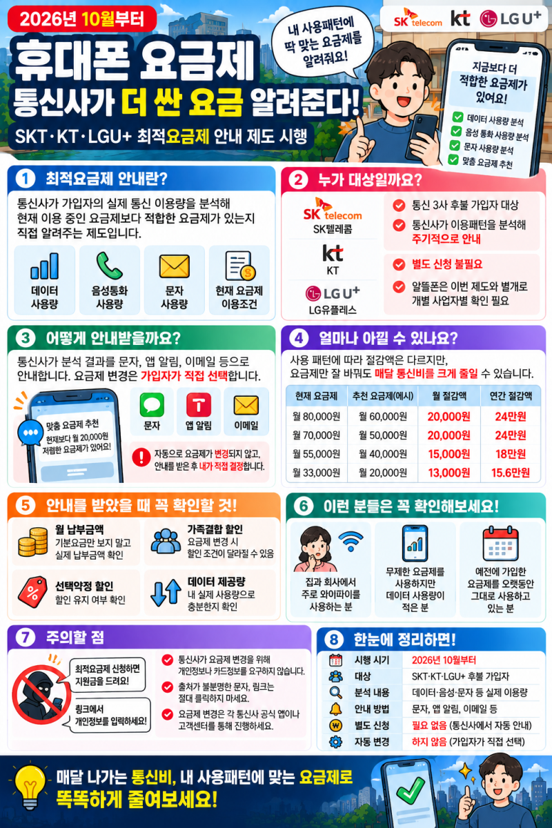 휴대폰 요금제 이제 통신사가 더 싼 요금 알려준다｜10월부터 SKT·KT·LGU+ 최적요금제 안내