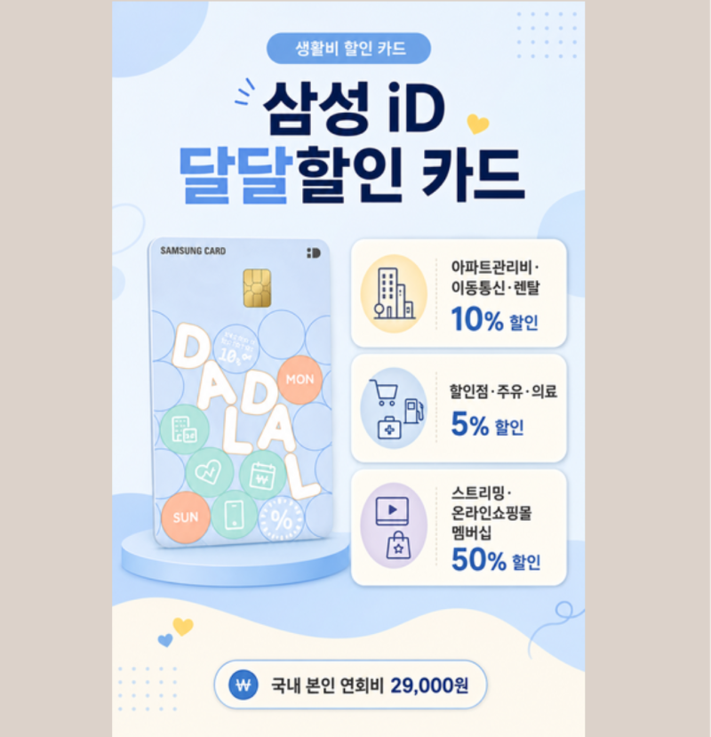 삼성 iD 달달할인 카드는 매달 고정으로 지출되는 생활요금 자동납부 및 생활 필수 영역 할인....