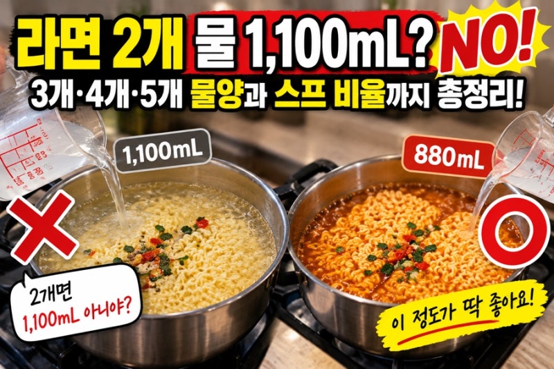 라면 2개 물 1,100mL 넣으면 안 됩니다｜3개·4개·5개 물양과 스프 비율 총정리