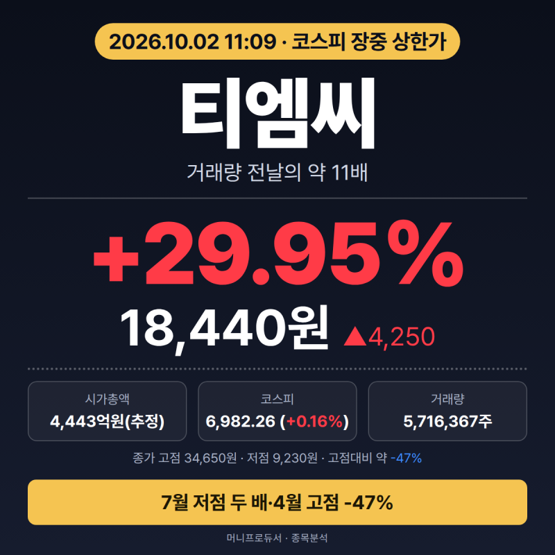 티엠씨 장중 상한가, 저점 두 배·고점 -47% 자리