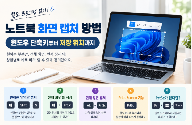 노트북 화면 캡처 방법 윈도우 단축키부터 저장 위치보기