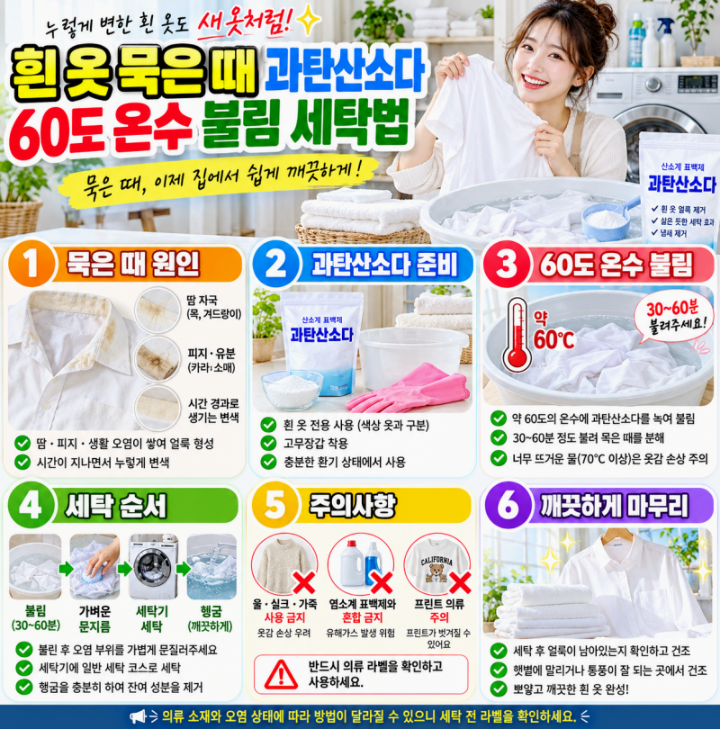 흰 옷 묵은 때 과탄산소다 60도 온수 불림 세탁법