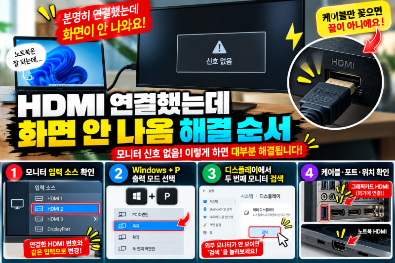 HDMI 연결했는데 화면 안 나옴｜모니터 신호 없음 해결 순서