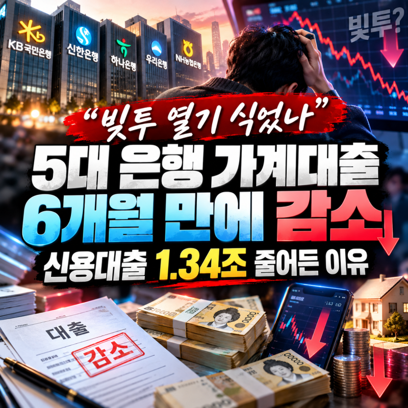 “빚투 열기 식었나” 5대 은행 가계대출 6개월 만에 감소…신용대출 1.34조 줄어든 이유
