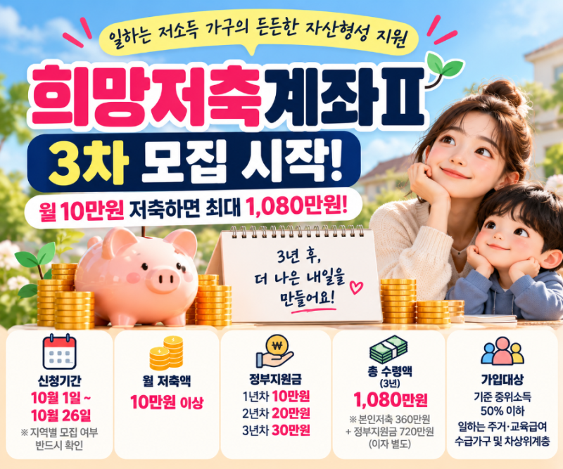 2026 희망저축계좌Ⅱ 3차 신청｜월 10만원 저축하면 1,080만원? 대상·소득기준 총정리