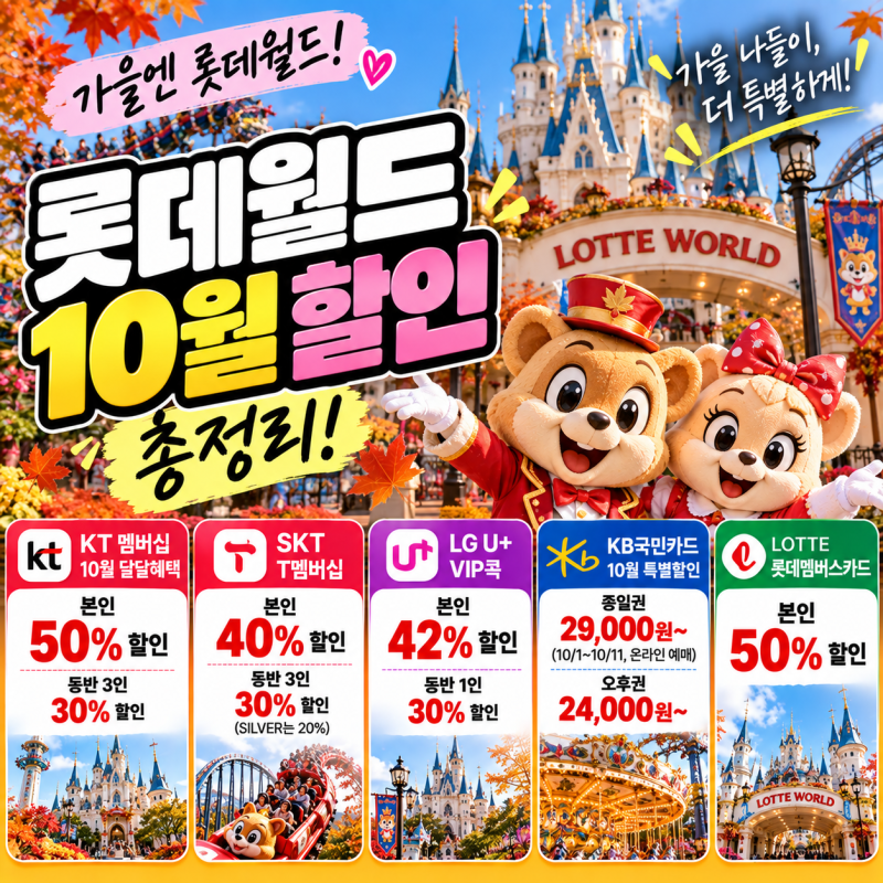 롯데월드 10월 할인 총정리! 통신사 할인 KT 50%, SKT 40%, LG U+ 42%부터 제휴카드 할인까지