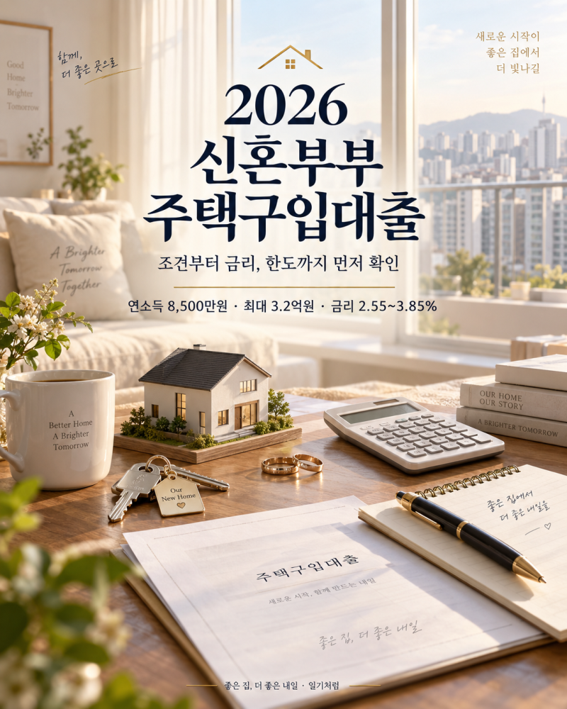 2026 신혼부부 주택구입대출 조건｜연소득 8,500만원·한도 3.2억·금리 2.55~3.85%