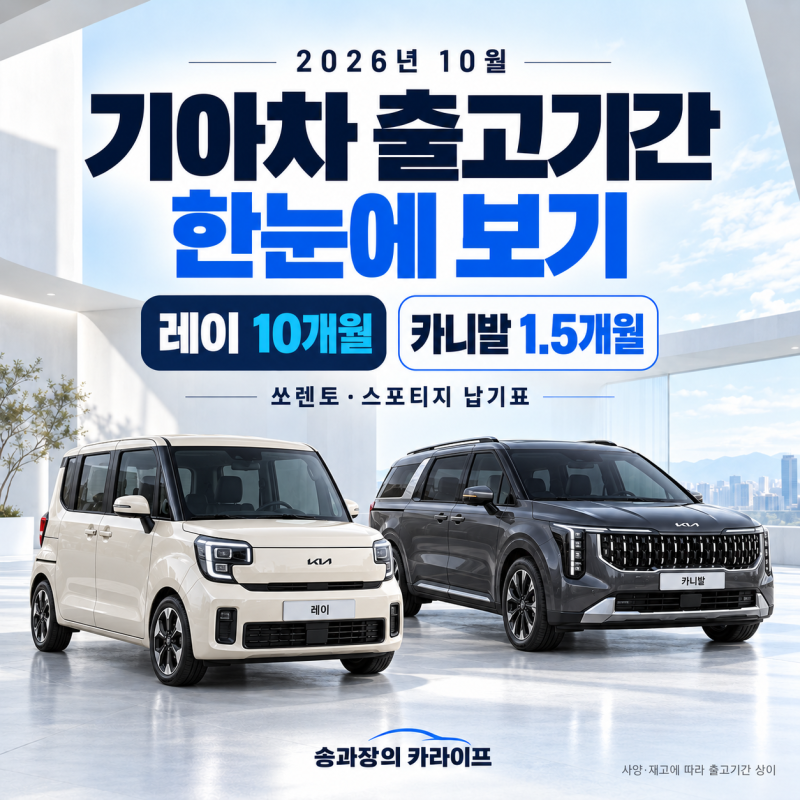 2026년 10월 기아자동차 출고기간 총정리! 레이 10개월·카니발 1.5개월, 쏘렌토·스포티지 납기....