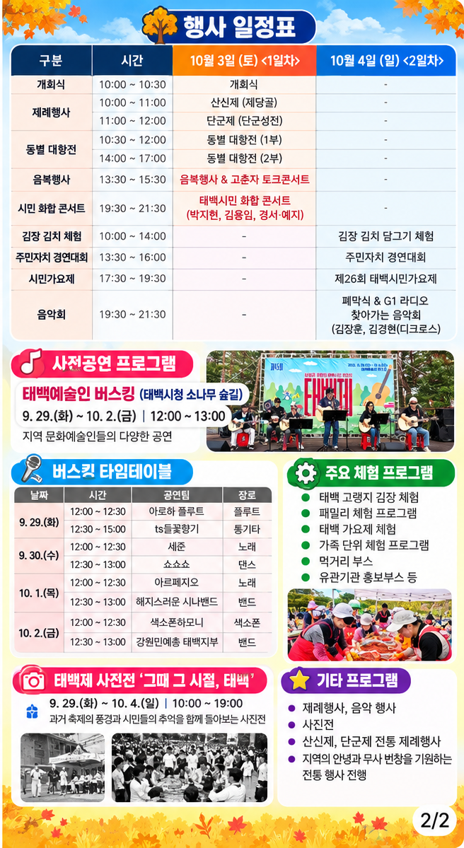 2026 제45회 태백제 일정 총정리｜박지현·김용임·경서·예지 공연부터 김장체험까지