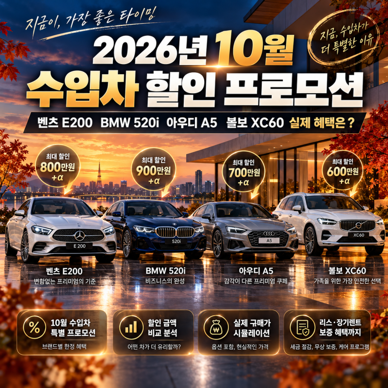 2026년 10월 수입차 할인 프로모션 벤츠 E200 BMW 520i 아우디 A5 볼보 XC60 실제 혜택은?