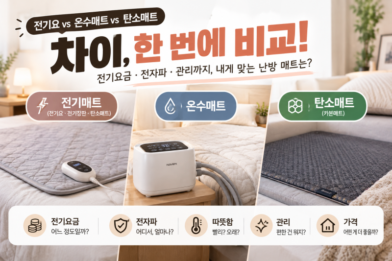 전기요 vs 온수매트 vs 탄소매트 차이 — 전기요금, 전자파, 관리까지 한 번에 비교