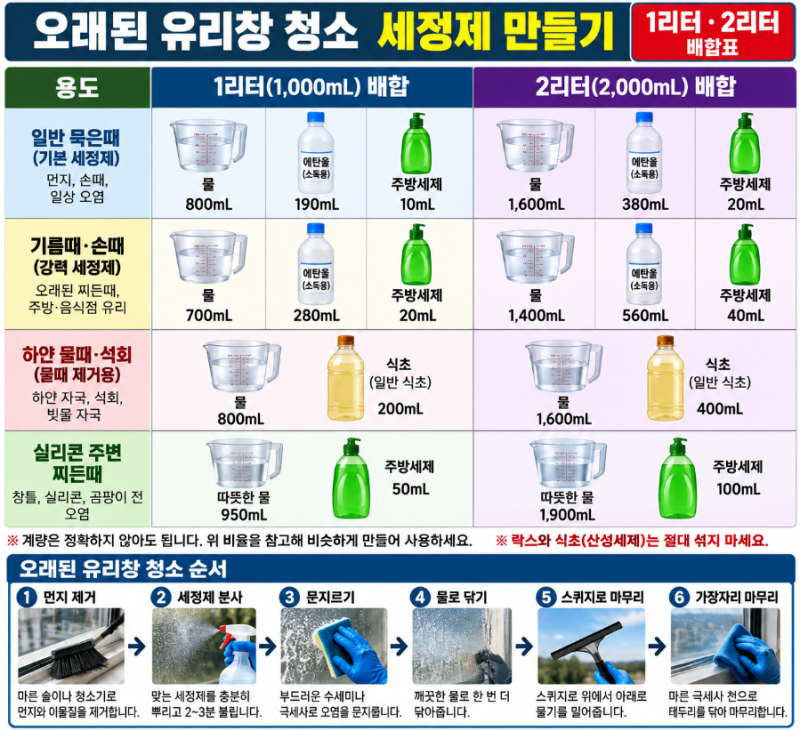 오래된 유리창 청소 방법｜집에서 만드는 유리세정제 1리터·2리터 배합법