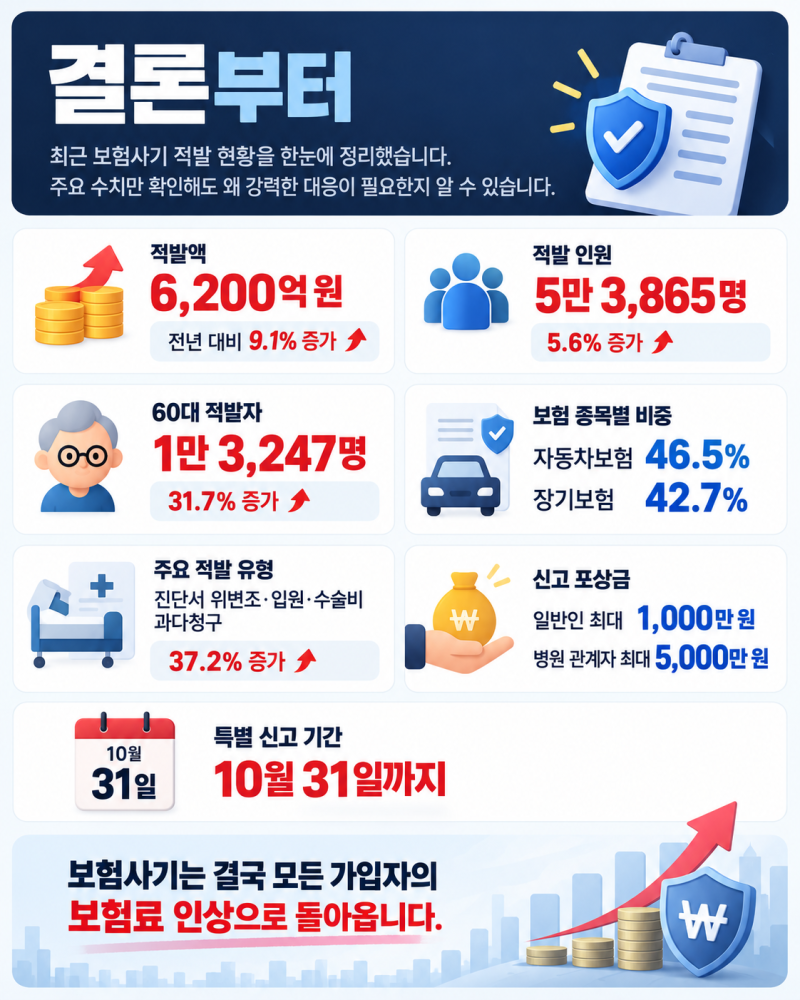 상반기 보험사기 6,200억 적발, 병원이 권해도 처벌 피할 수 없습니다 | 60대 32% 증가·과다청구....