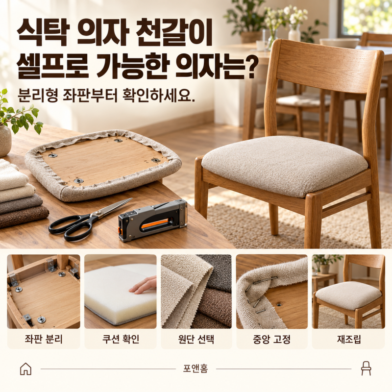 식탁 의자 천갈이, 셀프로 가능한 의자는 따로 있어요 | 분리형 좌판 확인→원단→고정