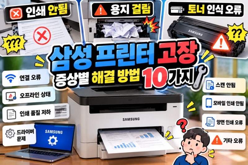 삼성 프린터 고장 증상별 해결 방법 10가지｜인쇄 안됨·용지 걸림·토너 인식 오류