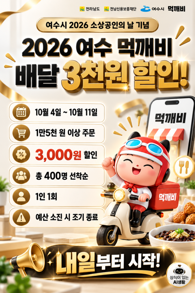 여수 배달 3천원 할인! 먹깨비 10월 4일부터 선착순 400명｜1만5천원 이상 주문