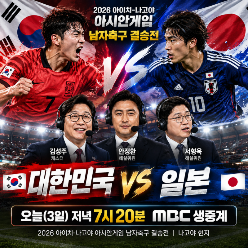 대한민국 VS 일본 남자축구 결승전 오늘 7시 20분 김성주 안정환 서형욱 현지 생중계