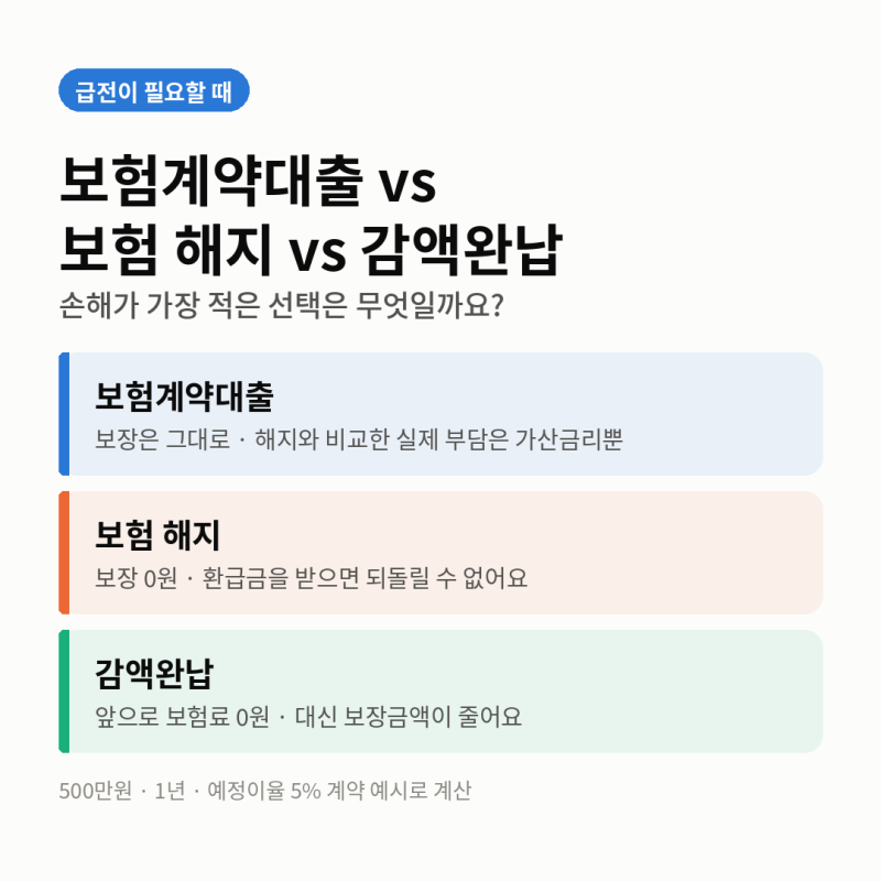 보험계약대출 vs 보험 해지 vs 감액완납, 급전 필요할 때 손해 계산과 선택 기준 (2026)
